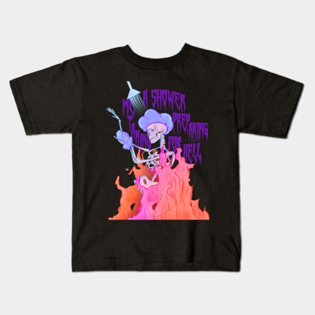 rad skeleton taking hot showers preparing for hell (cyberpunk trippy retro) Kids T-Shirt by acatalepsys 